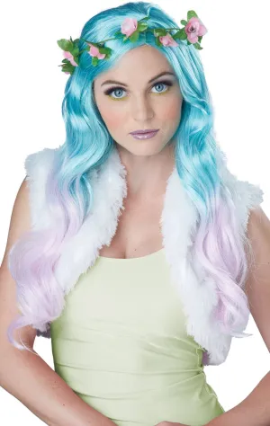 Floral Fantasy Womens Blue And Pink Wig With Flower Crown