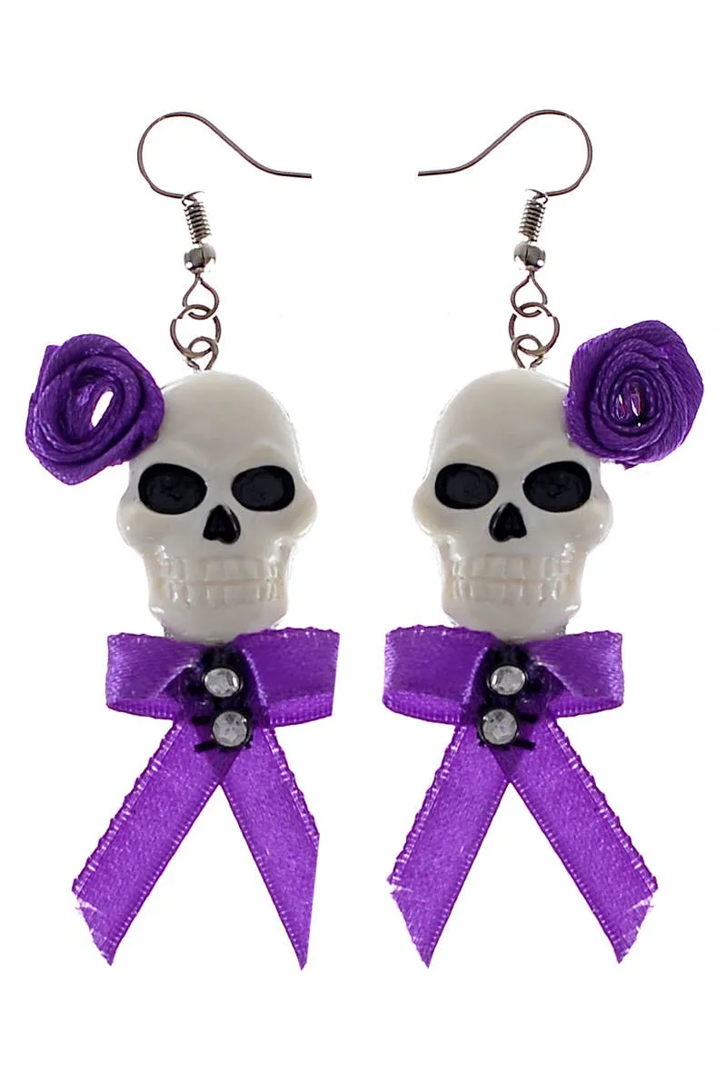 Floral Purple and White Skull Costume Earrings