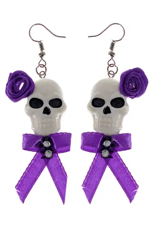 Floral Purple and White Skull Costume Earrings