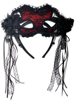 Floral Red and Black Lace Masquerade Mask with Ribbons