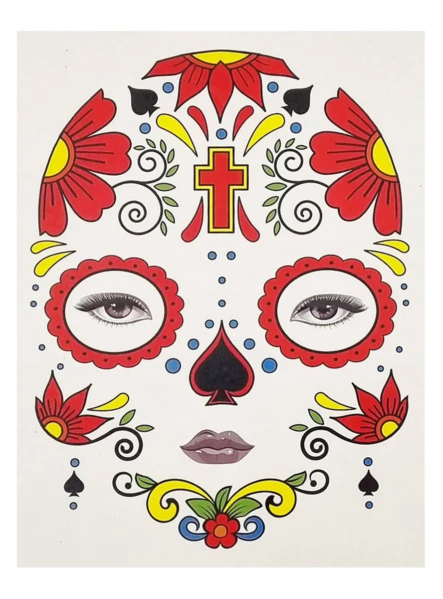 Floral Red Day of the Dead Temporary Face Tattoo