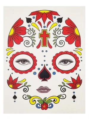 Floral Red Day of the Dead Temporary Face Tattoo