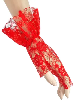 Floral Red Lace Ruffle 80s Fingerless Costume Gloves