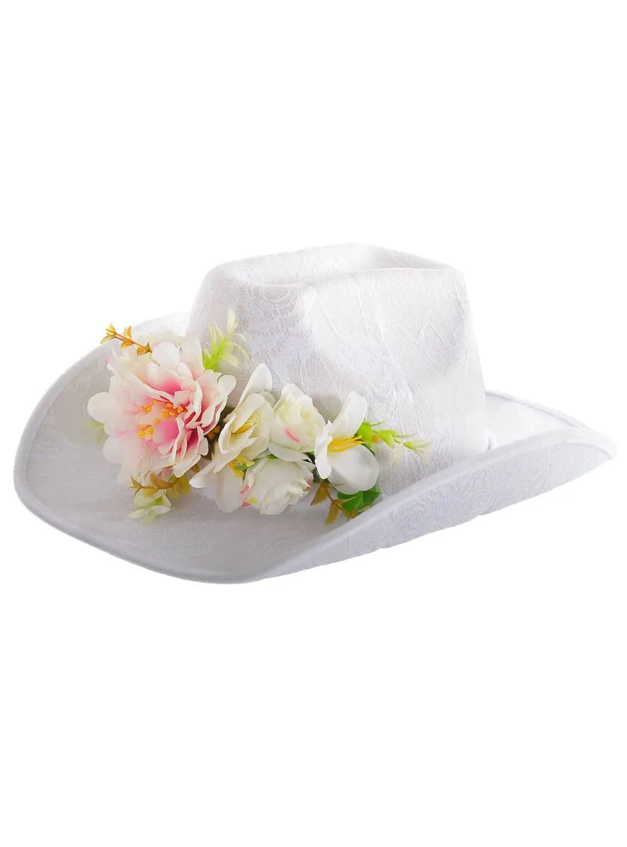 Floral White Lace Cowgirl Costume Hat with Pastel Flowers