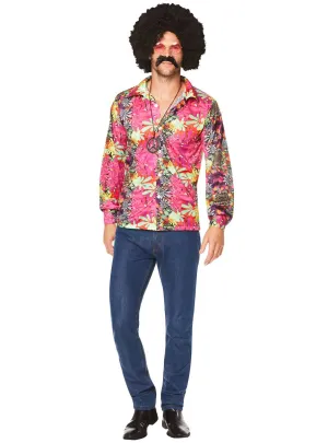 Flower Power Mens Pink 70s Hippie Costume Shirt