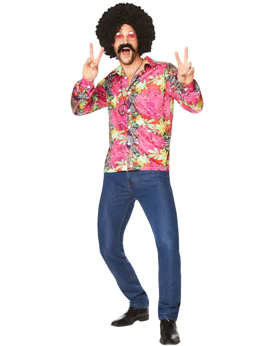 Flower Power Mens Pink 70s Hippie Costume Shirt