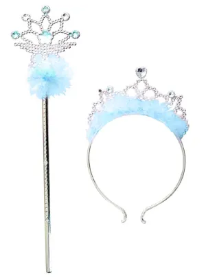 Fluffy Blue Princess Tiara and Wand Accessory Set