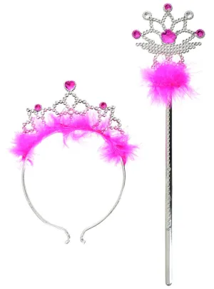 Fluffy Magenta Princess Tiara and Wand Accessory Set