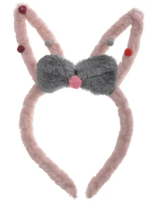 Fluffy Pink Bunny Costume Ears with Grey Bow