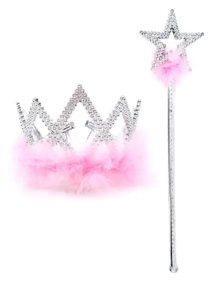 Fluffy Pink Princess Girls Crown and Wand Set