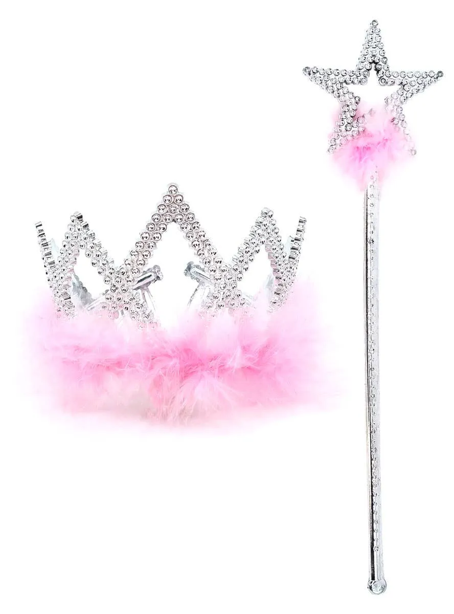 Fluffy Pink Princess Girls Crown and Wand Set