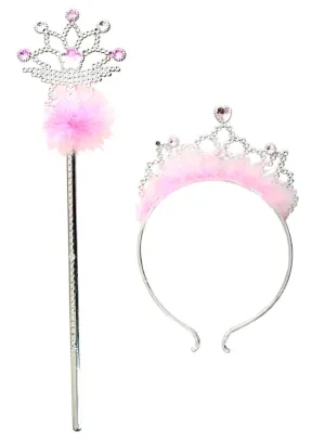 Fluffy Pink Princess Tiara and Wand Accessory Set