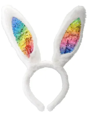 Fluffy Rainbow Sequin Bunny Ears Costume Headband