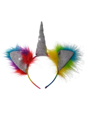 Fluffy Rainbow Unicorn Ears and Horn Costume Headband