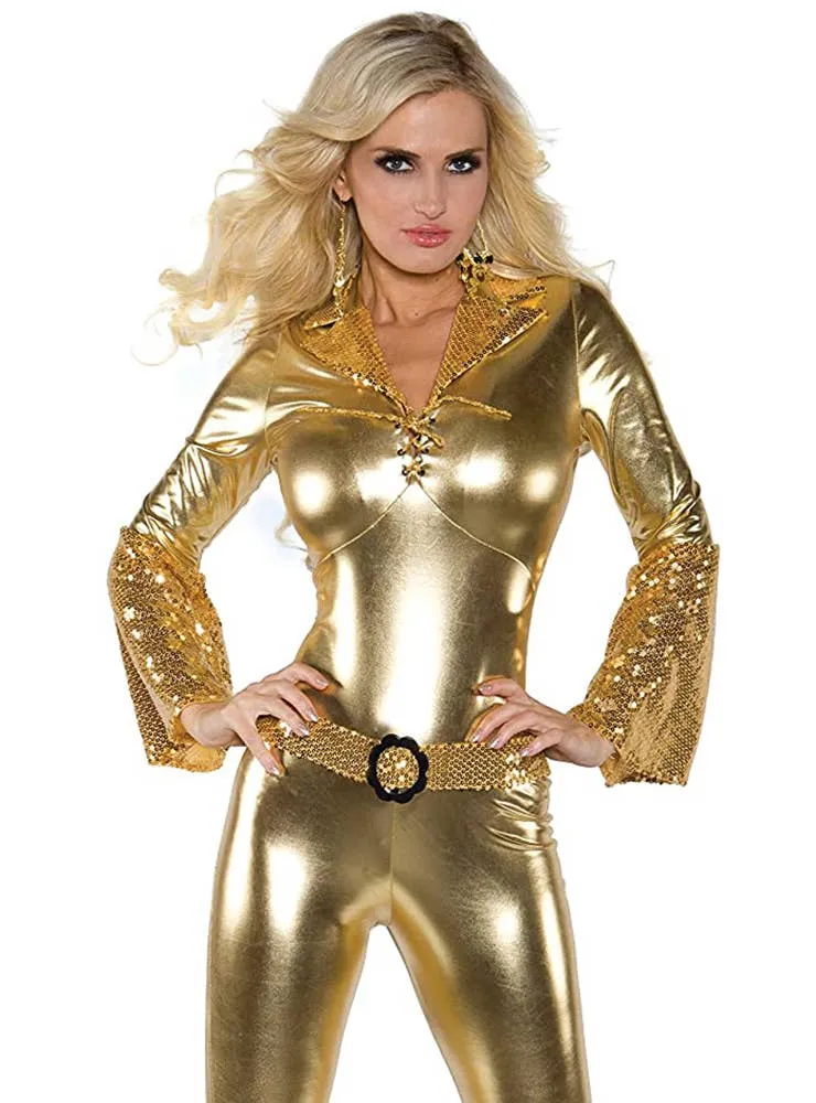 Foxy Disco Diva Womens Gold 70s Costume Jumpsuit