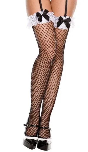 French Maid Black Fishnet Thigh Highs with Ruffle Top