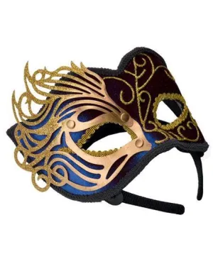 Fretwork Blue Velvet Masquerade Mask on Headband