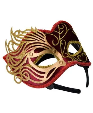 Fretwork Red Velvet Masquerade Mask on Headband