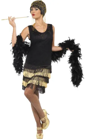 Fringed Black and Gold Womens 1920s Flapper Costume