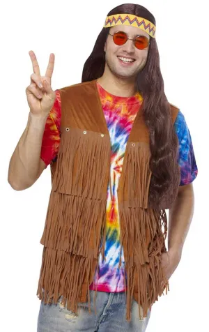 Fringed Brown Mens 1960s Hippie Costume Vest