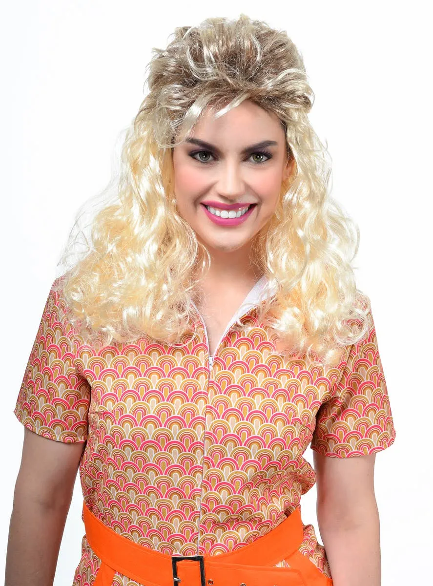 Frosted Blonde Womens 1980s Mullet Costume Wig with Roots