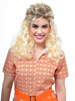 Frosted Blonde Womens 1980s Mullet Costume Wig with Roots