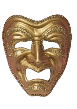 Full Face Gold Tragedy Masquerade Mask on Headband
