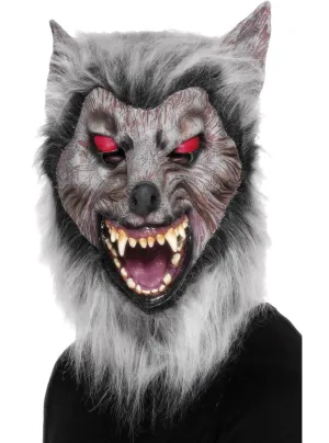 Full Head Mens Grey Wolf Costume Mask with Faux Fur
