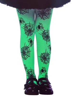 Full Length Green Spider Web Print Girls Halloween Stockings