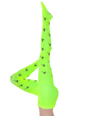 Full Length Neon Green Stockings with Flying Witch Print