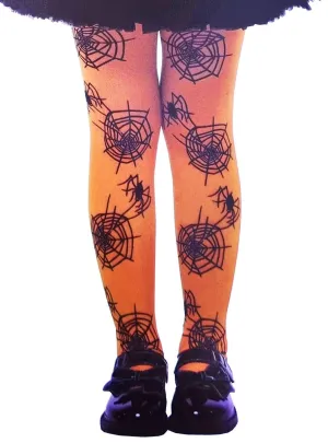 Full Length Orange Spider Web Print Girls Halloween Stockings