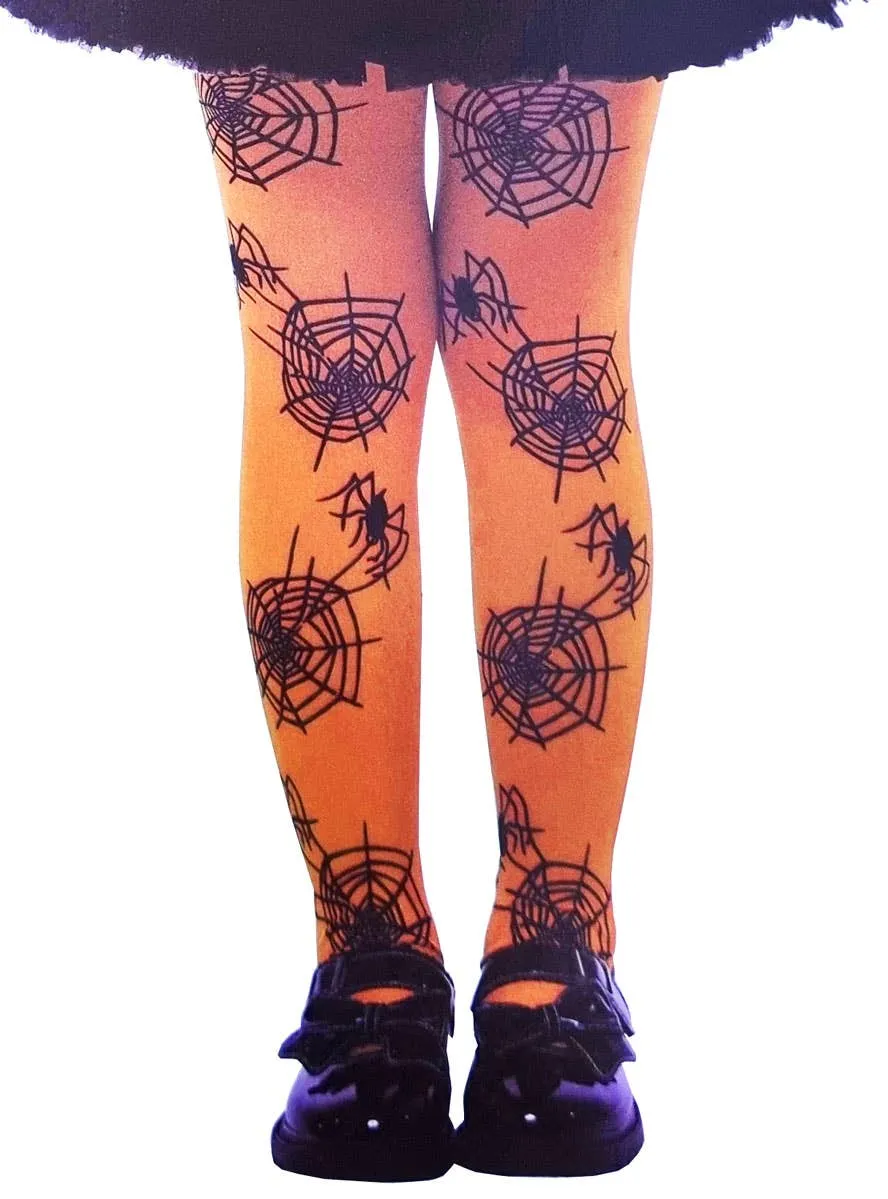 Full Length Orange Spider Web Print Girls Halloween Stockings