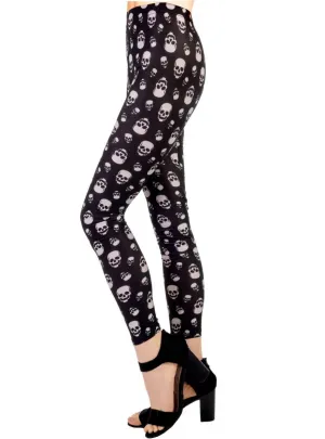 Full Length Womens Black Costume Leggings with White Skulls