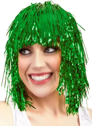 Fun Bright Green Tinsel Adults Costume Wig