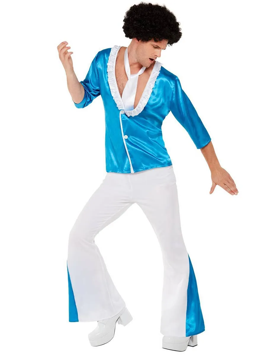 Funky Blue and White Mens 1970s Fancy Dress Costume