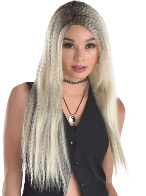 Funky Long Blonde Womens Crimped Wig with Dark Roots