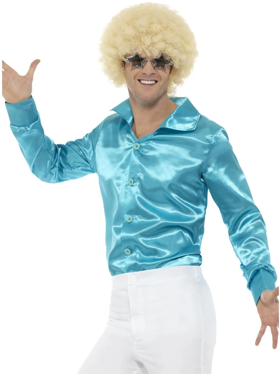 Funky Mens 1970s Blue Satin Disco Costume Shirt