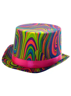Funky Rainbow Neon Swirl Print Costume Top Hat