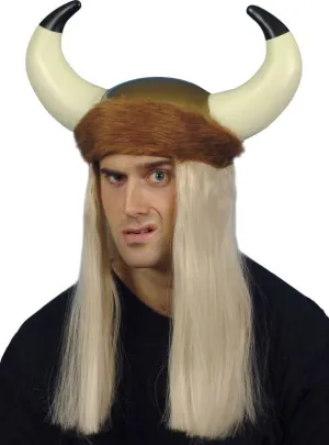 Fur Trim Viking Helmet with Horns and Blonde Hair