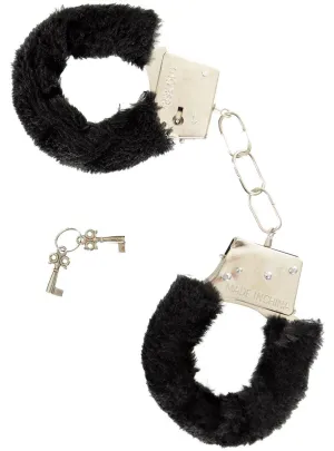 Furry Black Novelty Silver Metal Handcuffs with Keys