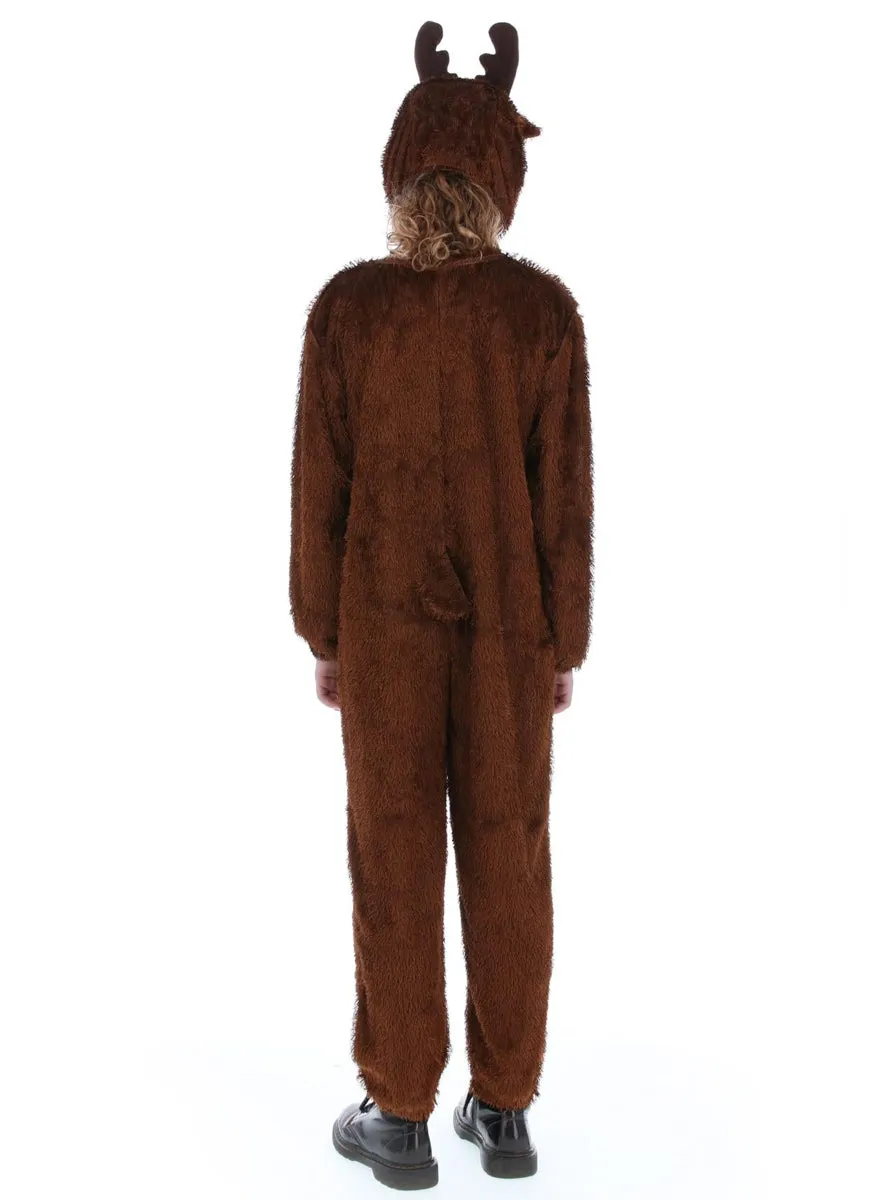 Furry Brown Reindeer Girls Christmas Costume Onesie