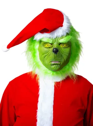 Furry Green Latex Deluxe Grinch Costume Mask With Santa Hat