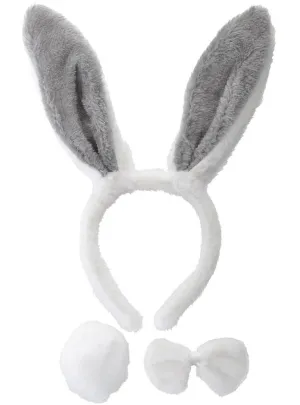 Furry Grey and White Bunny 3 Piece Accessory Set
