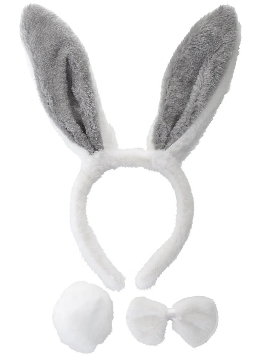 Furry Grey and White Bunny 3 Piece Accessory Set