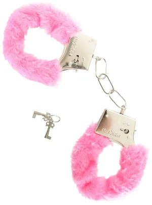 Furry Pink Novelty Silver Metal Handcuffs with Keys