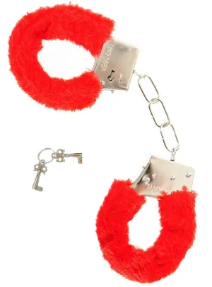 Furry Red Novelty Silver Metal Handcuffs with Keys
