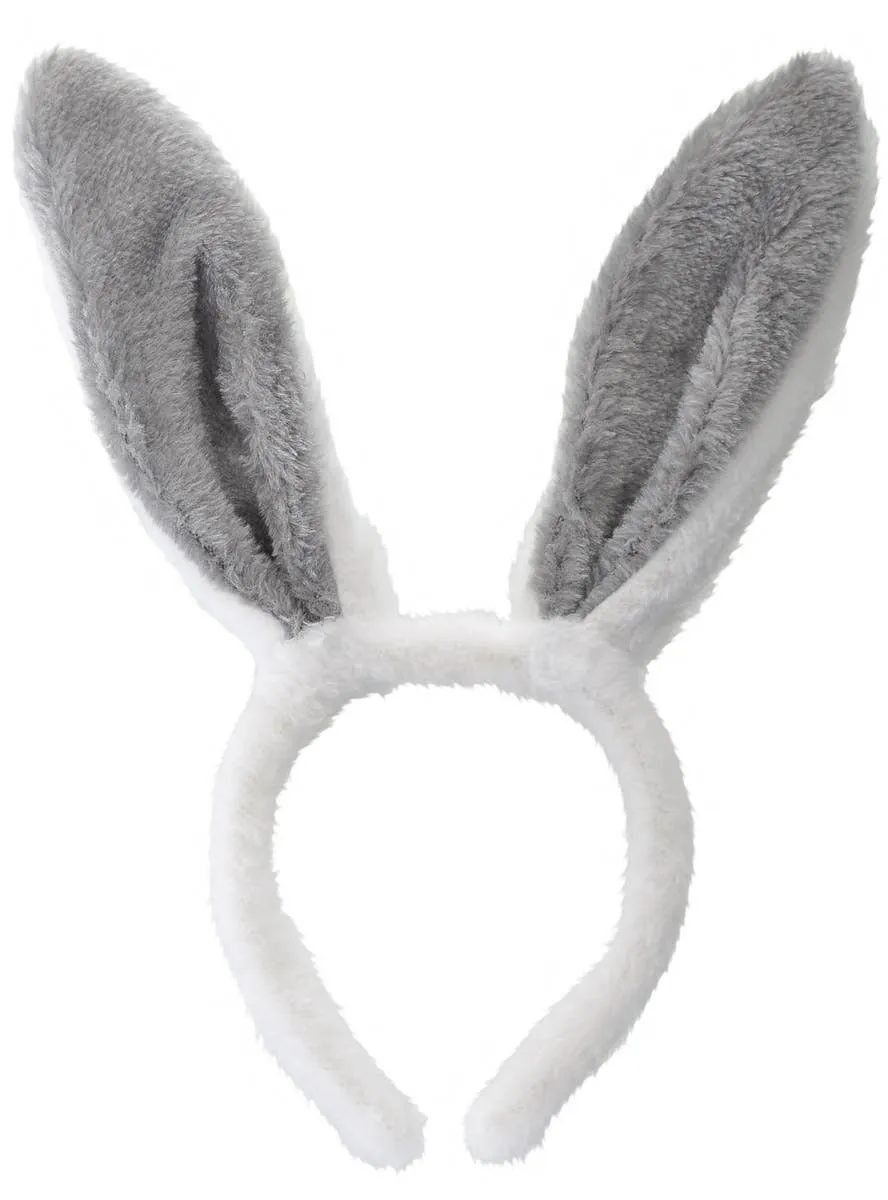 Furry White and Grey Bunny Ears Costume Headband
