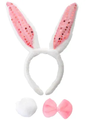 Furry White and Pink Sequin Bunny Accessory Set