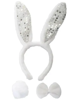 Furry White and Silver Sequin Bunny Accessory Set