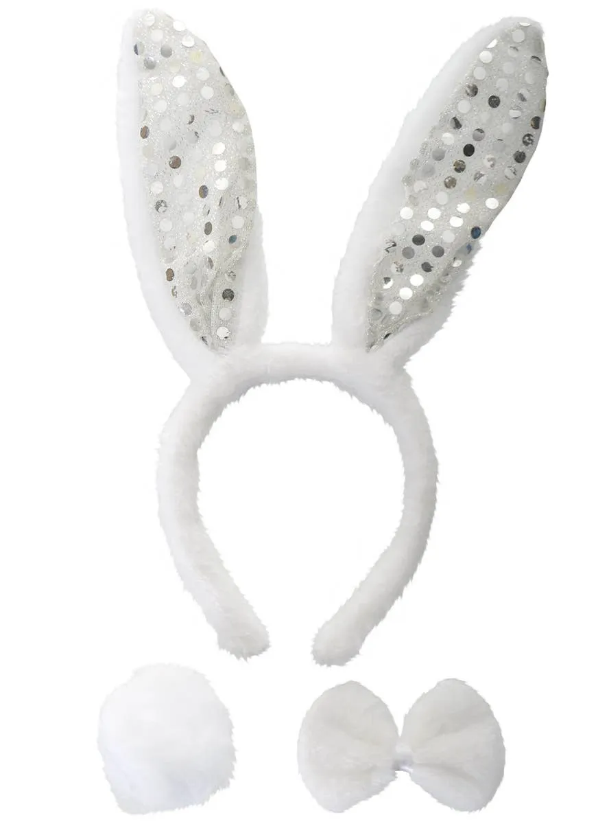Furry White and Silver Sequin Bunny Accessory Set